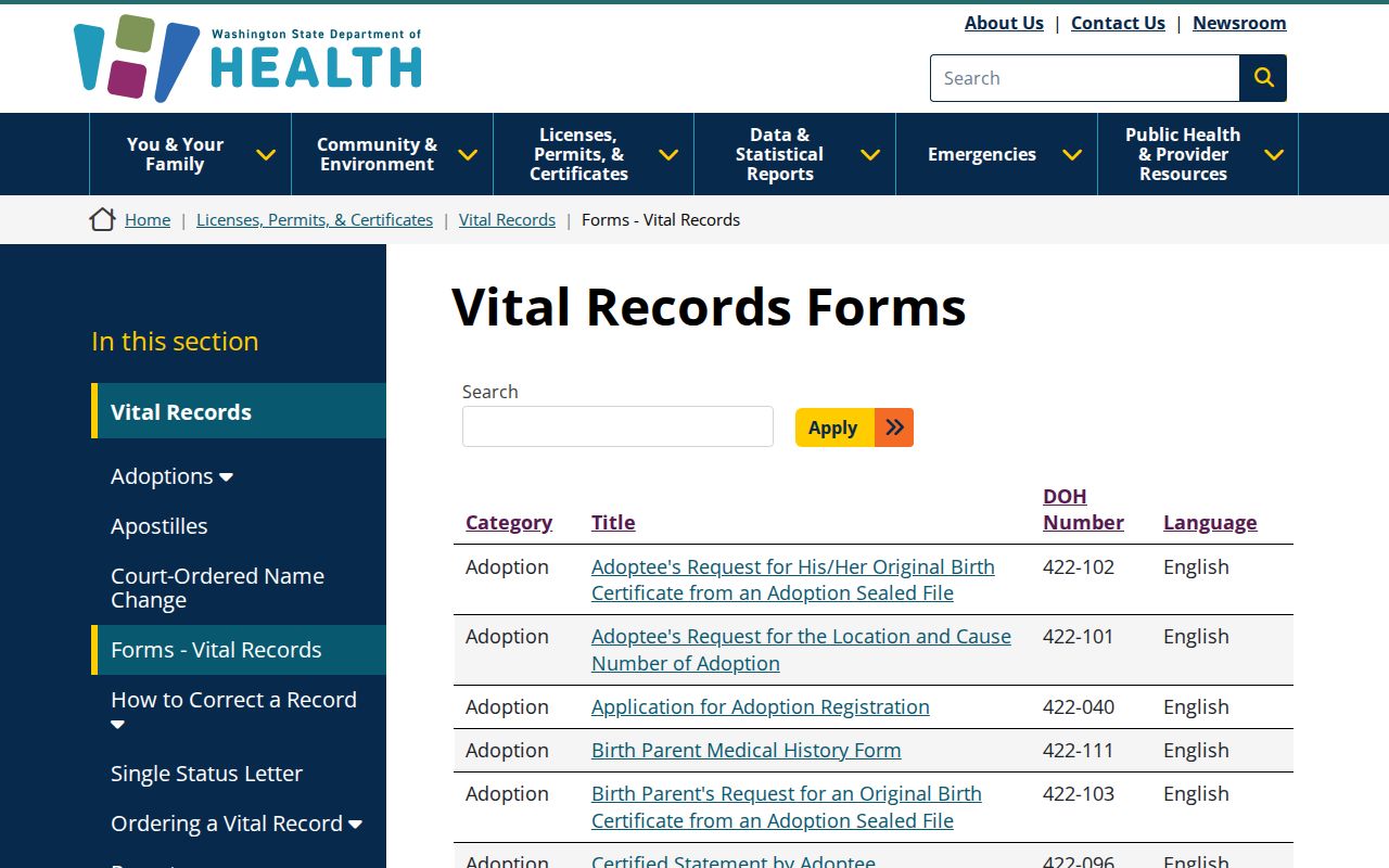 Seattle public records forms for Washington vital certificates